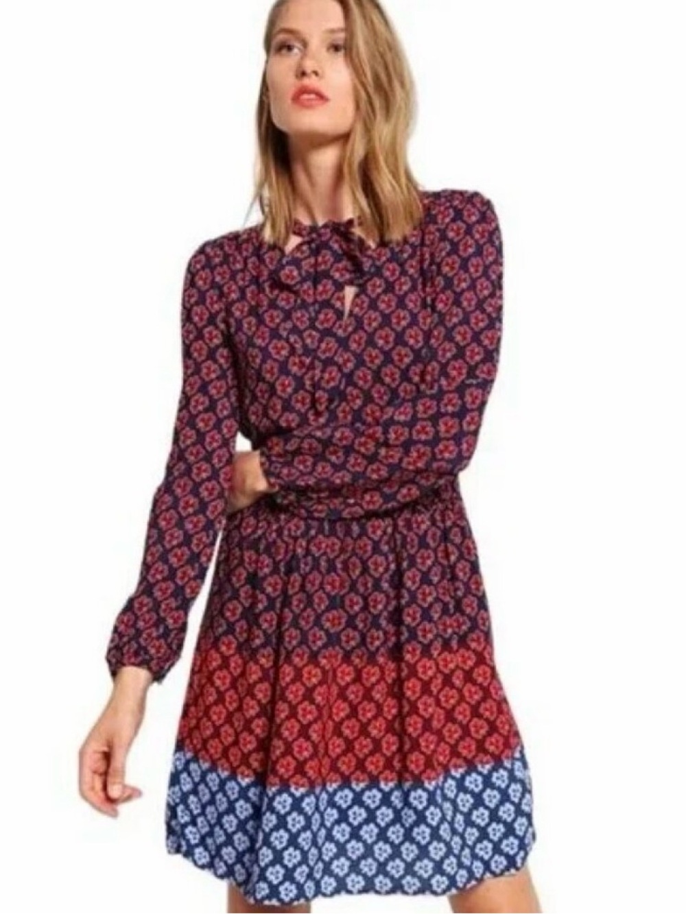 Printed Long-Sleeve Tiered Mini Dress in Navy, Red & Light Blue